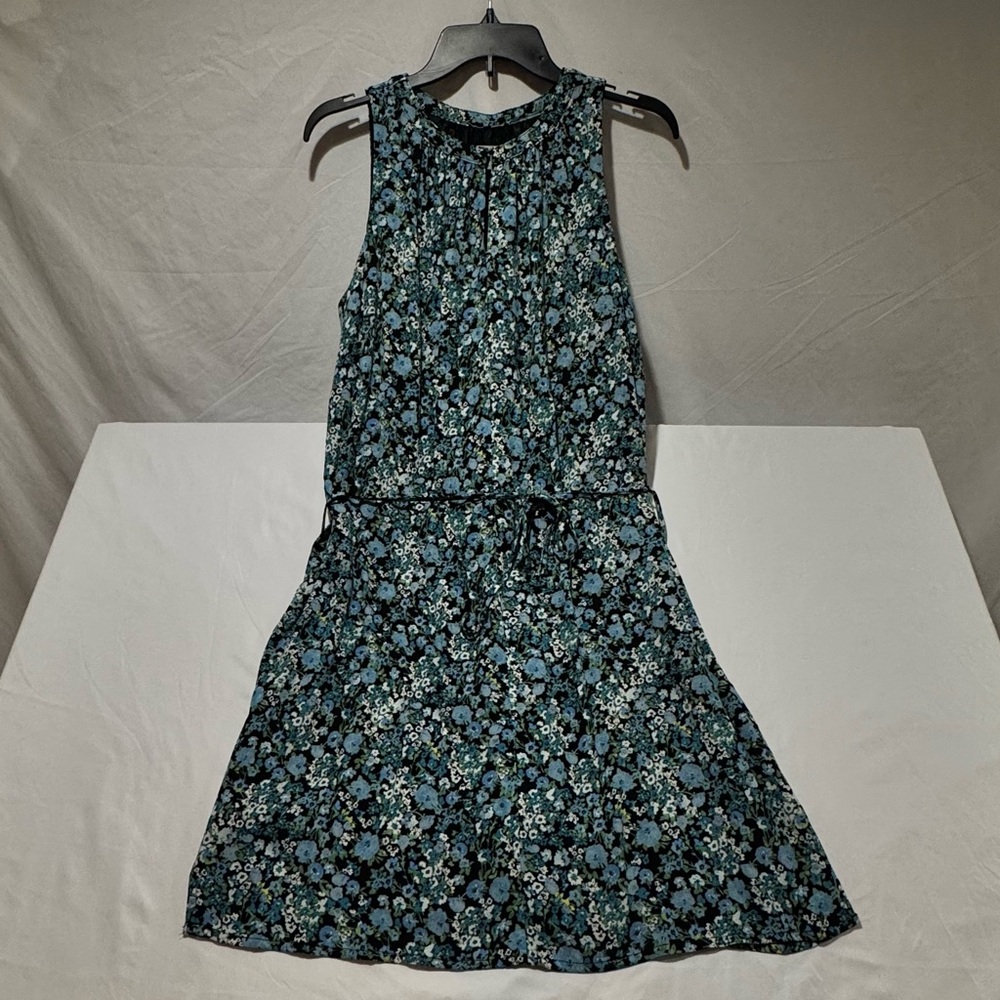 Loft Petites Black Blue Floral Keyhole A Line Lined Tie Belt Dress Size LP Large